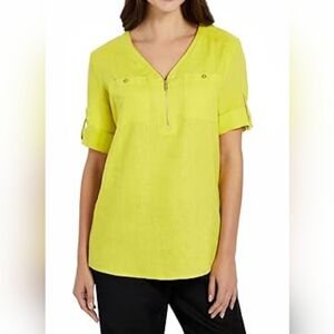 Ellen Tracy 1/4 Zip Blouse Womens Linen 3/4 Sleeve M